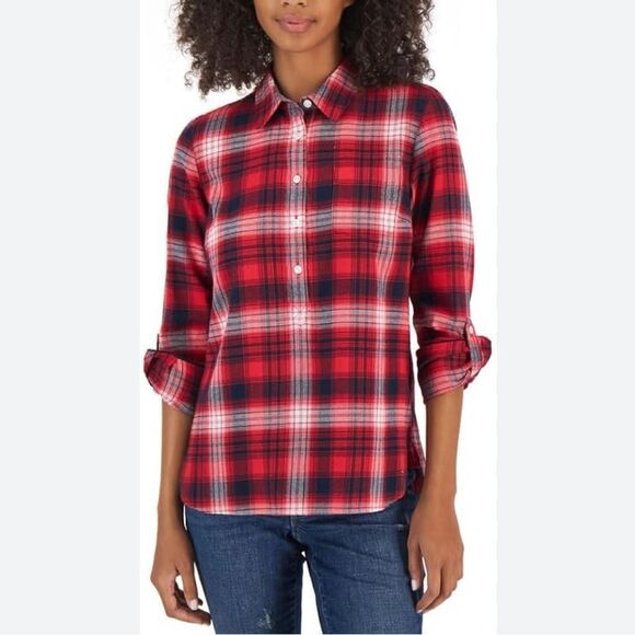Women's Red Plaid Button-Up Shirt - Picture 2 of 7